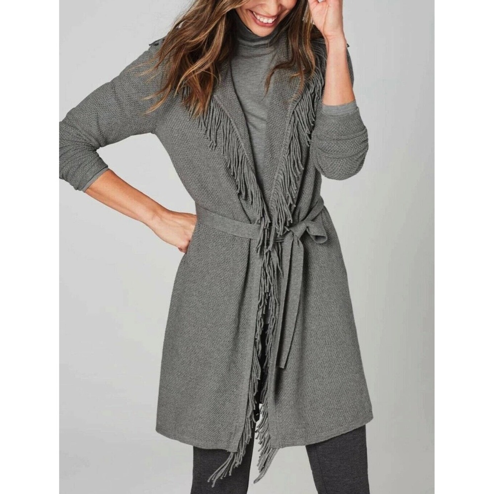 NEW NWT J. Jill Gray Knit Fringe Long Cardigan Sweater Belted Women's 1X $149